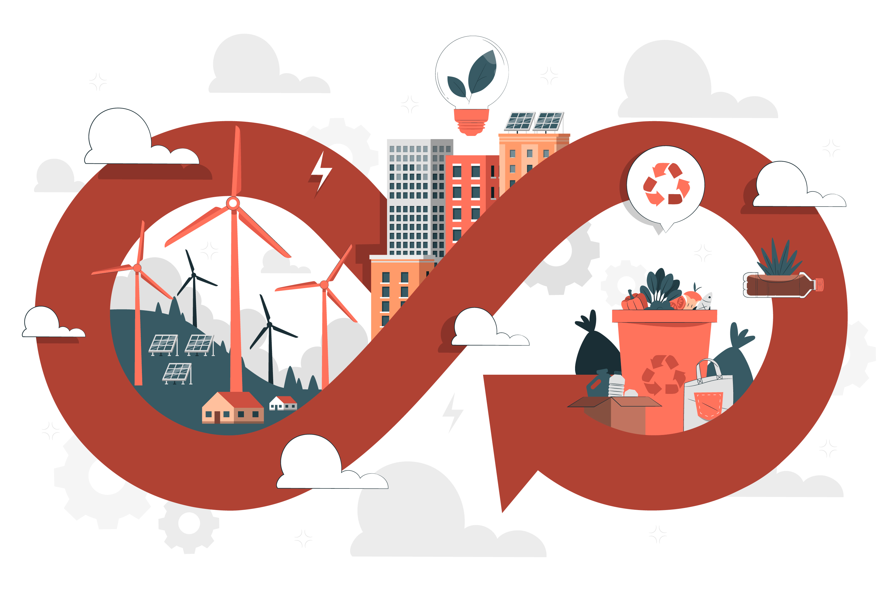 Sustainability illustration showing renewable energy and recycling